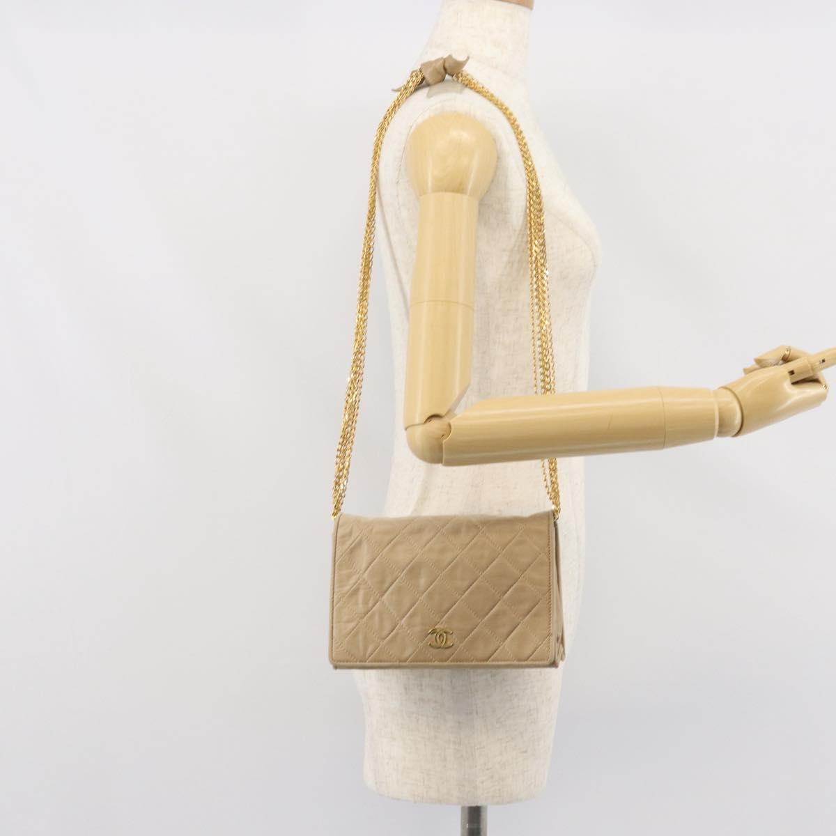 CHANEL Matelasse Chain Shoulder Bag Lamb Skin Beige Gold CC Auth bs32367
