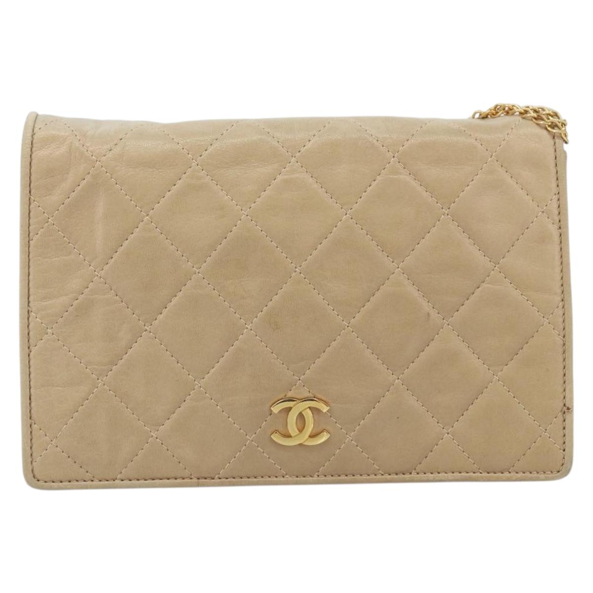 CHANEL Matelasse Chain Shoulder Bag Lamb Skin Beige Gold CC Auth bs32367