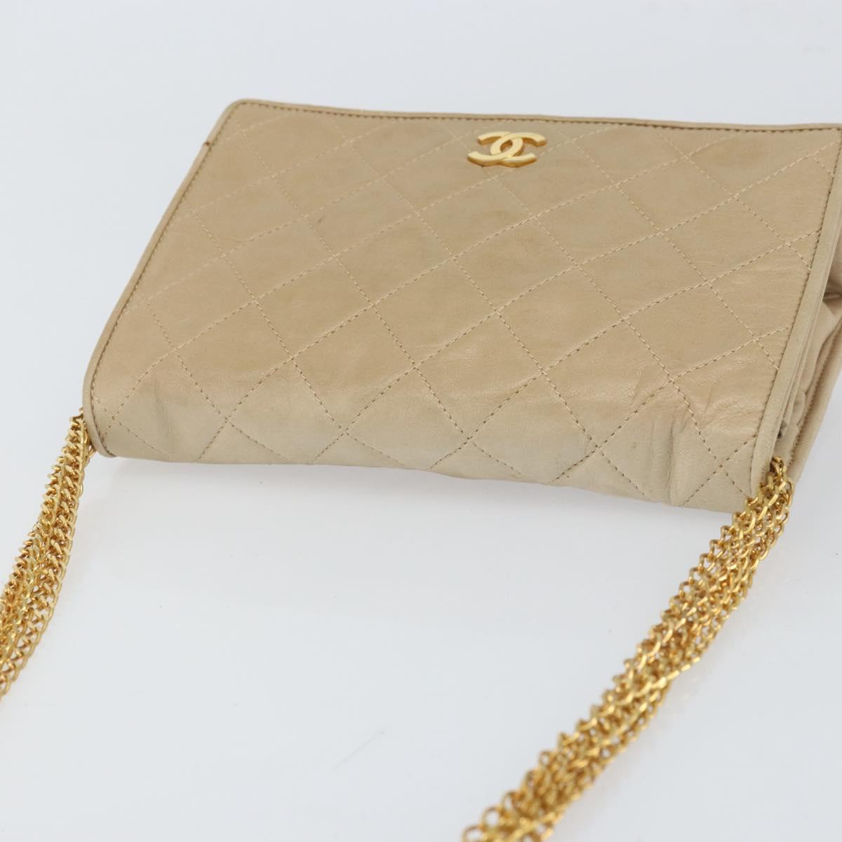 CHANEL Matelasse Chain Shoulder Bag Lamb Skin Beige Gold CC Auth bs32367