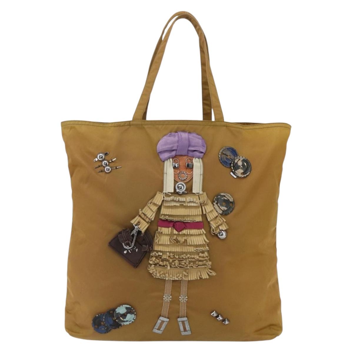 PRADA Tote Bag Nylon Beige Silver Auth bs32379