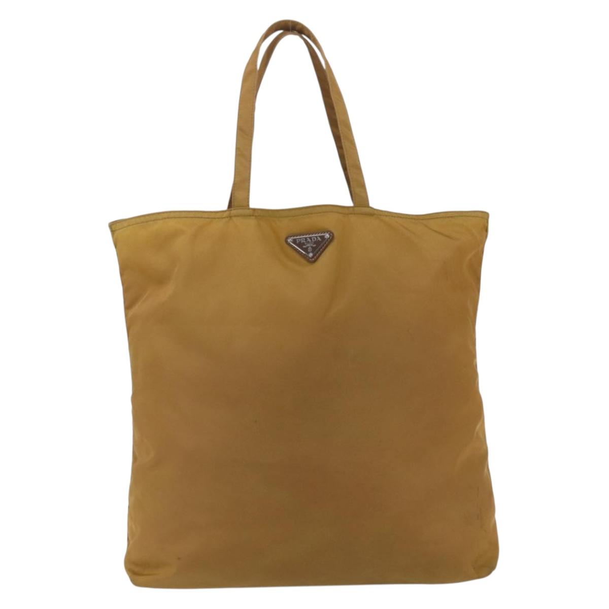 PRADA Tote Bag Nylon Beige Silver Auth bs32379