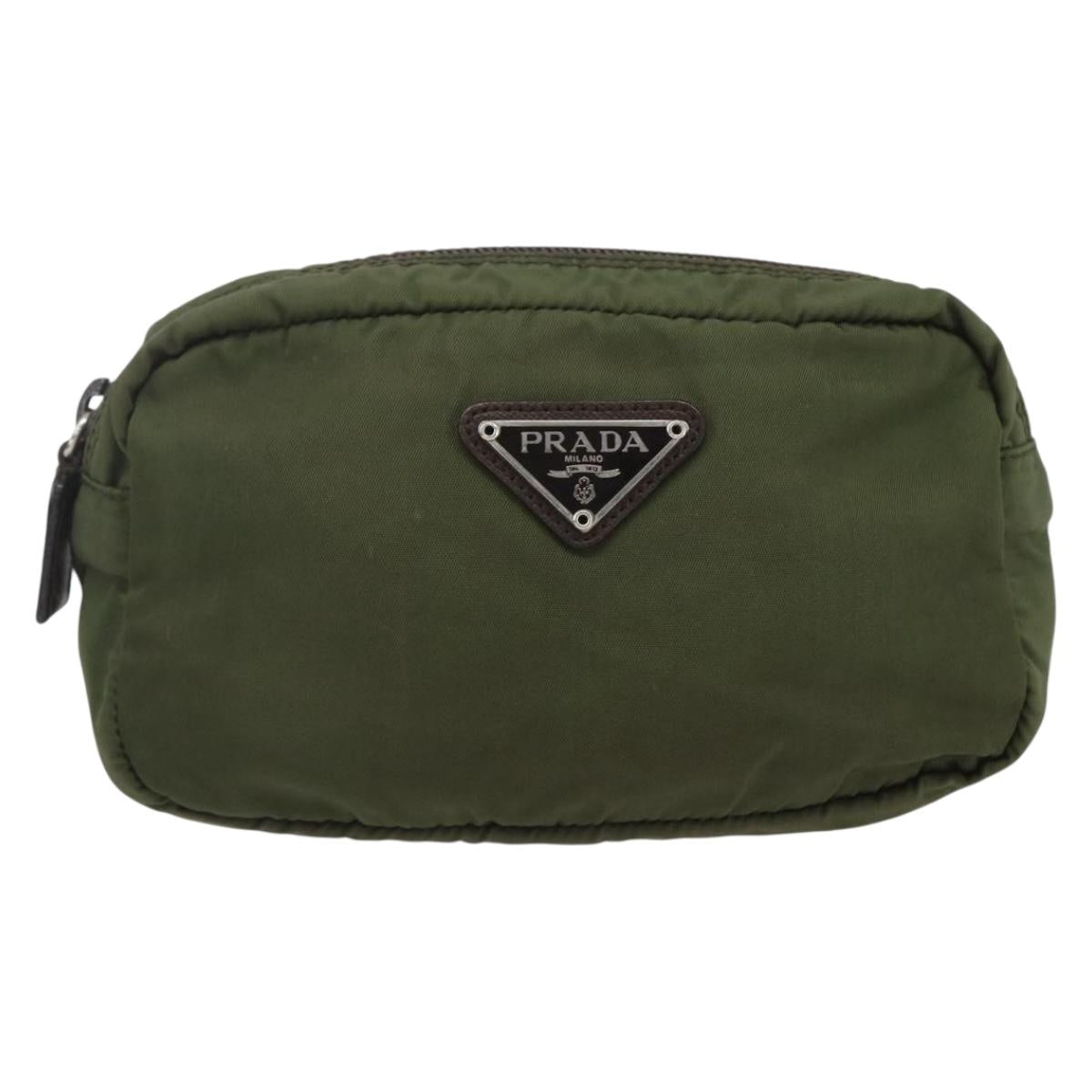 PRADA Pouch Nylon Khaki Silver Auth bs32389
