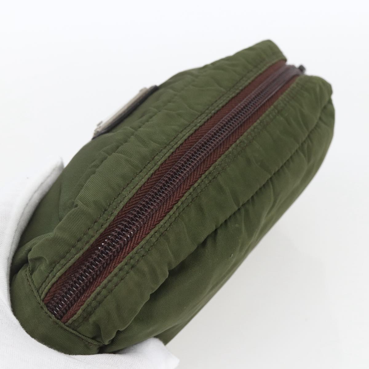 PRADA Pouch Nylon Khaki Silver Auth bs32389