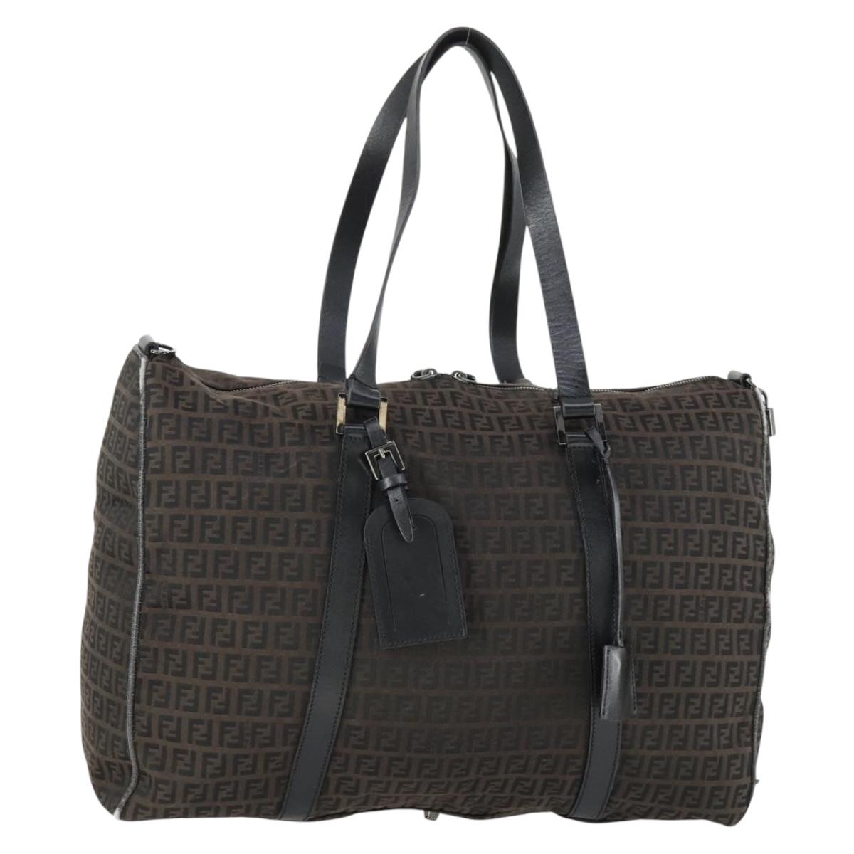 FENDI Zucchino Canvas Boston Bag Brown Black Auth bs32402