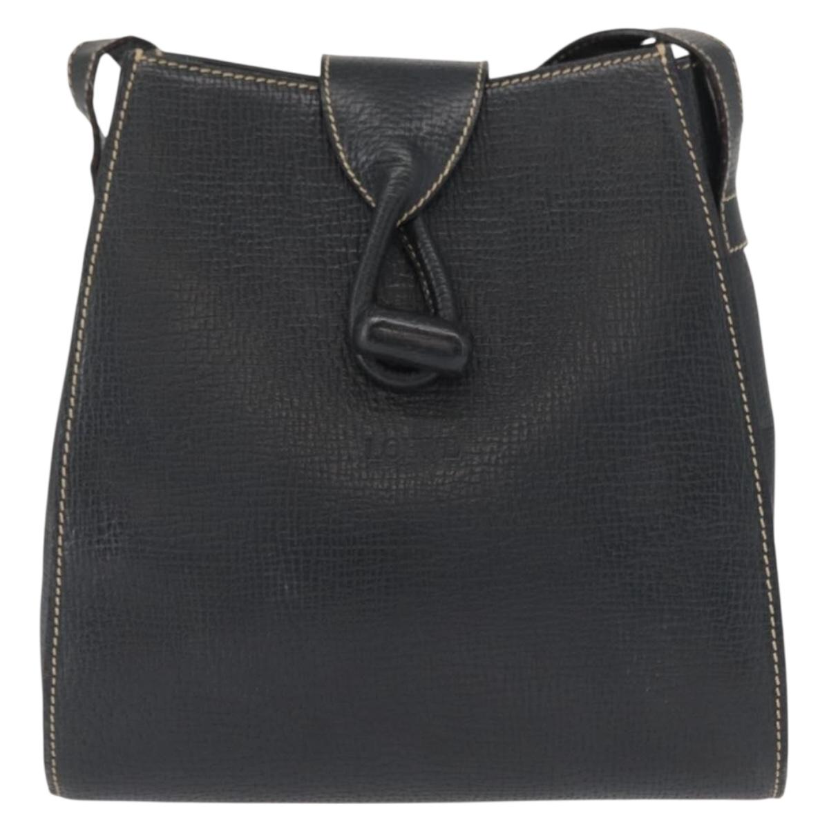 LOEWE Shoulder Bag Leather Navy Gold Auth bs32406