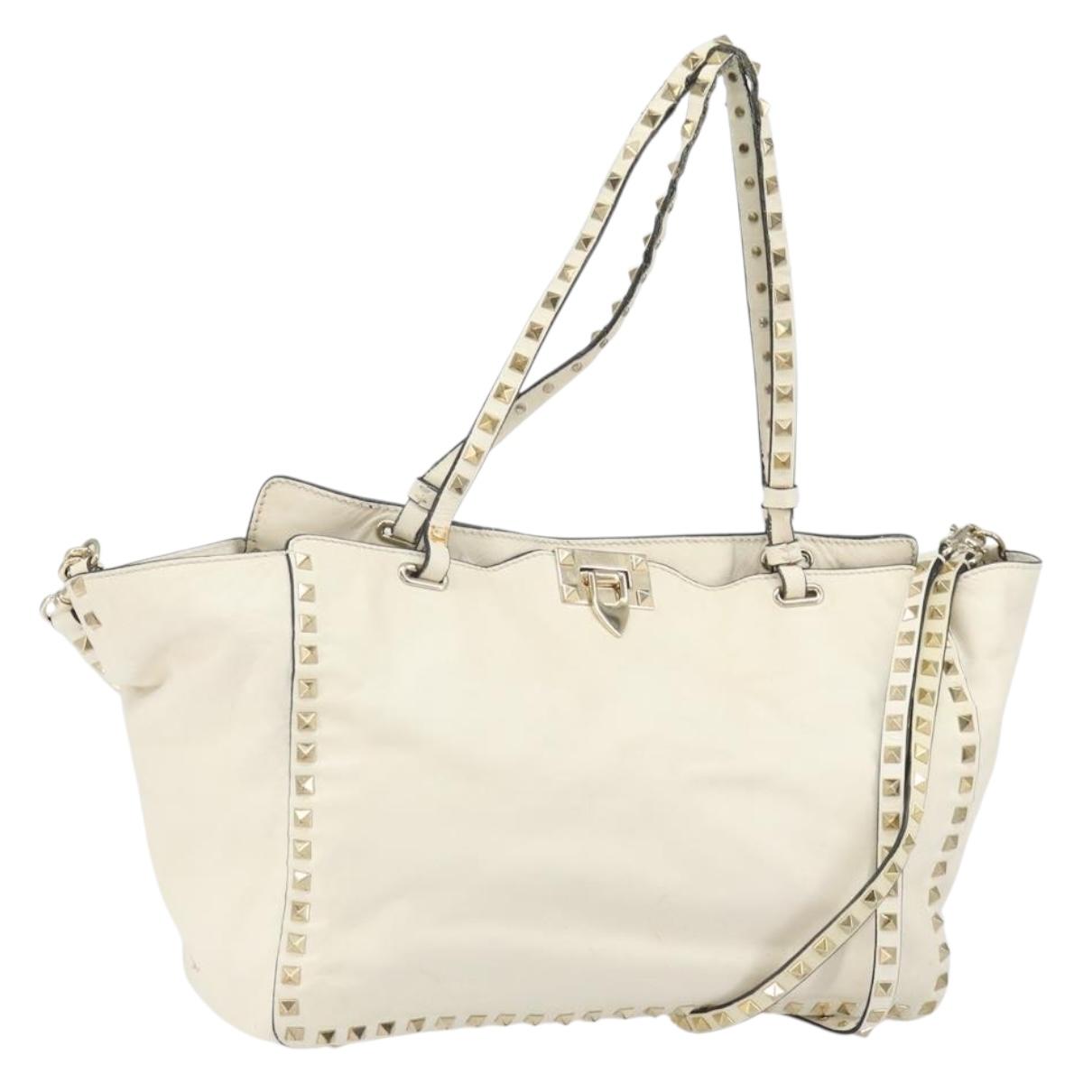 VALENTINO Studs Tote Bag Leather 2way White Gold Auth bs32446