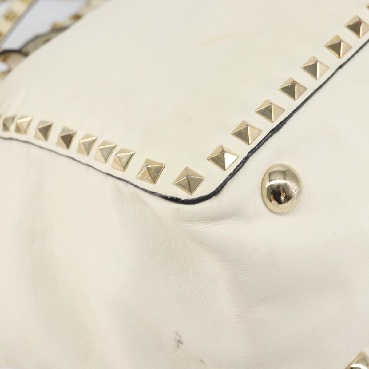 VALENTINO Studs Tote Bag Leather 2way White Gold Auth bs32446
