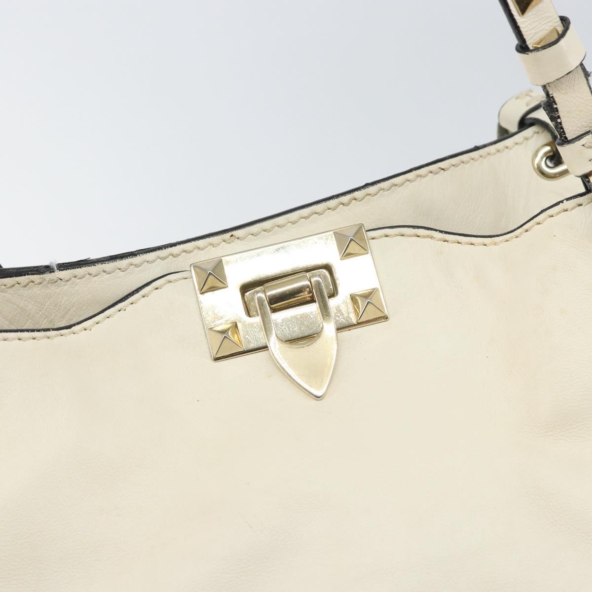 VALENTINO Studs Tote Bag Leather 2way White Gold Auth bs32446