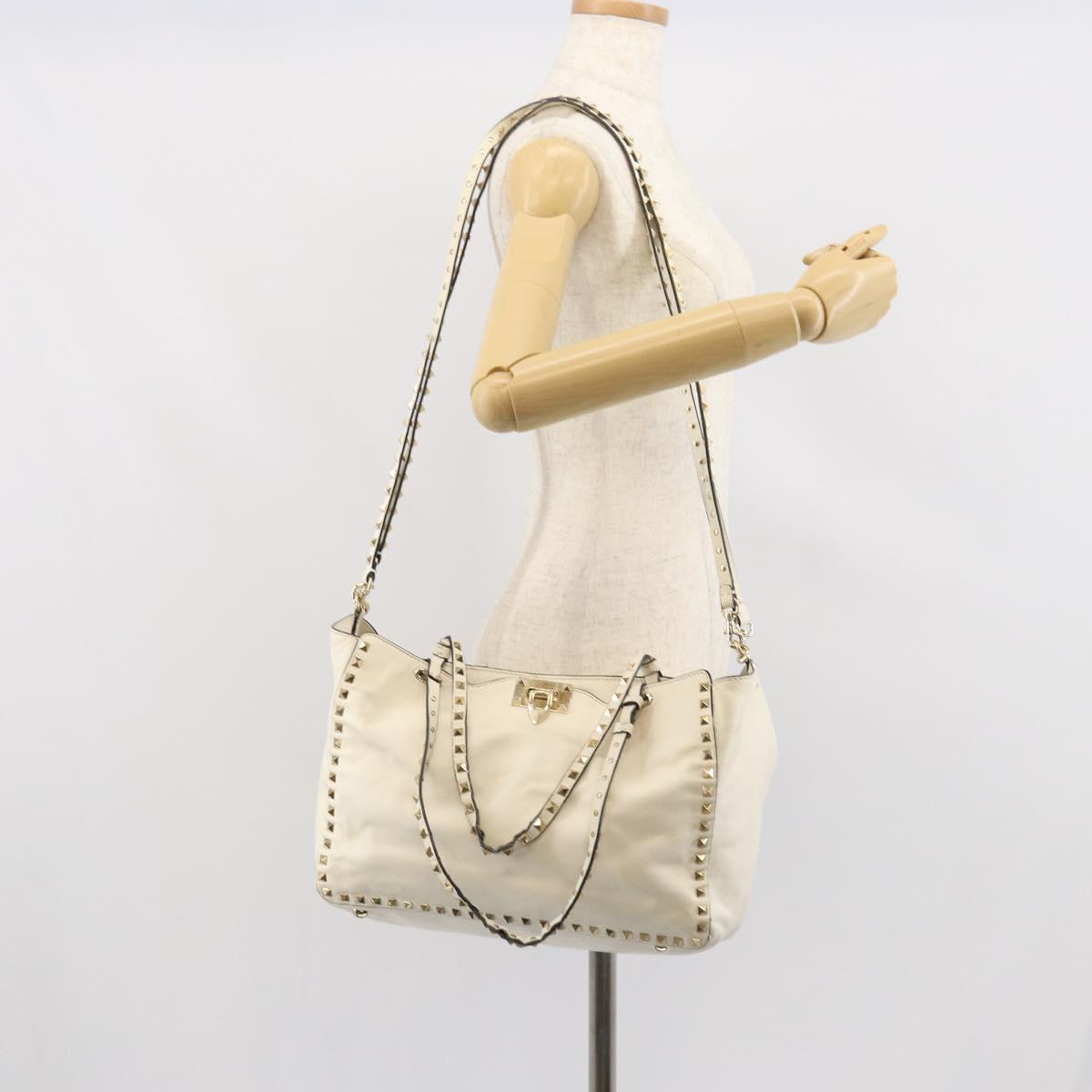 VALENTINO Studs Tote Bag Leather 2way White Gold Auth bs32446