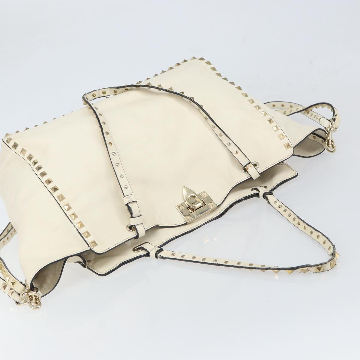 VALENTINO Studs Tote Bag Leather 2way White Gold Auth bs32446