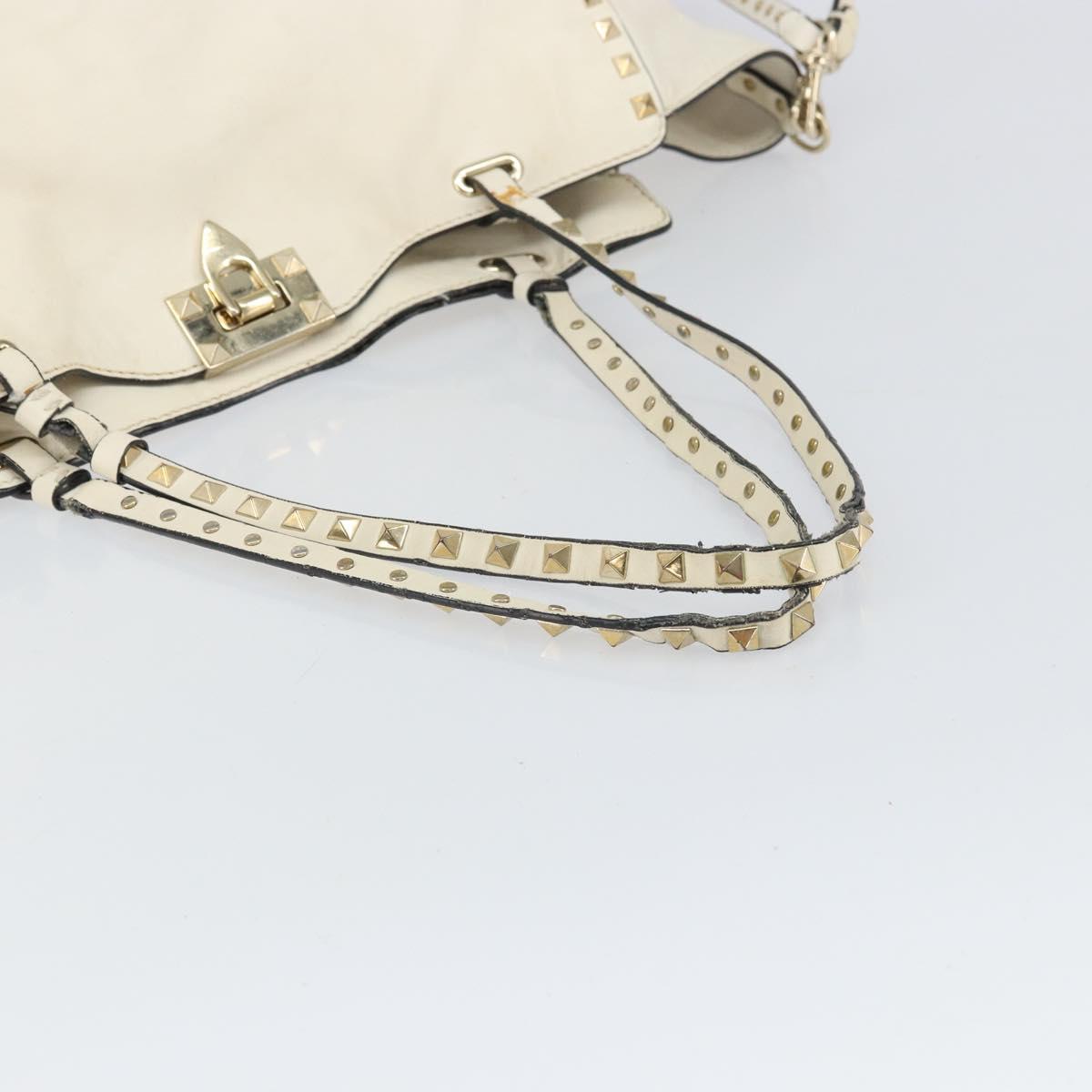 VALENTINO Studs Tote Bag Leather 2way White Gold Auth bs32446