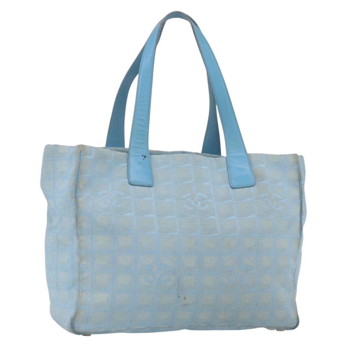CHANEL New Travel Line Tote Bag Nylon Blue Silver CC Auth bs32461
