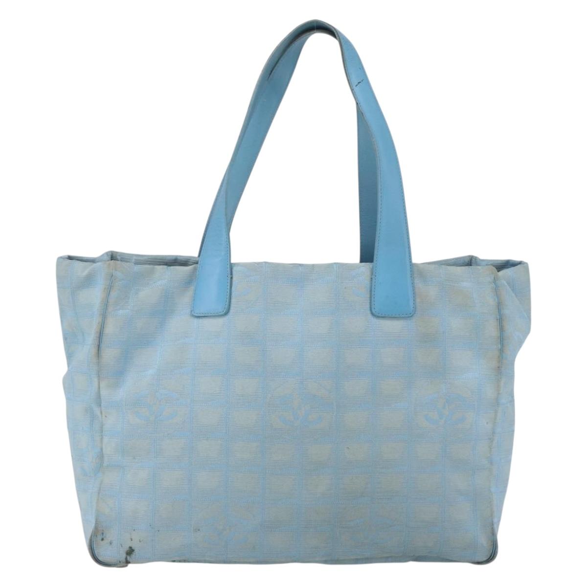 CHANEL New Travel Line Tote Bag Nylon Blue Silver CC Auth bs32461
