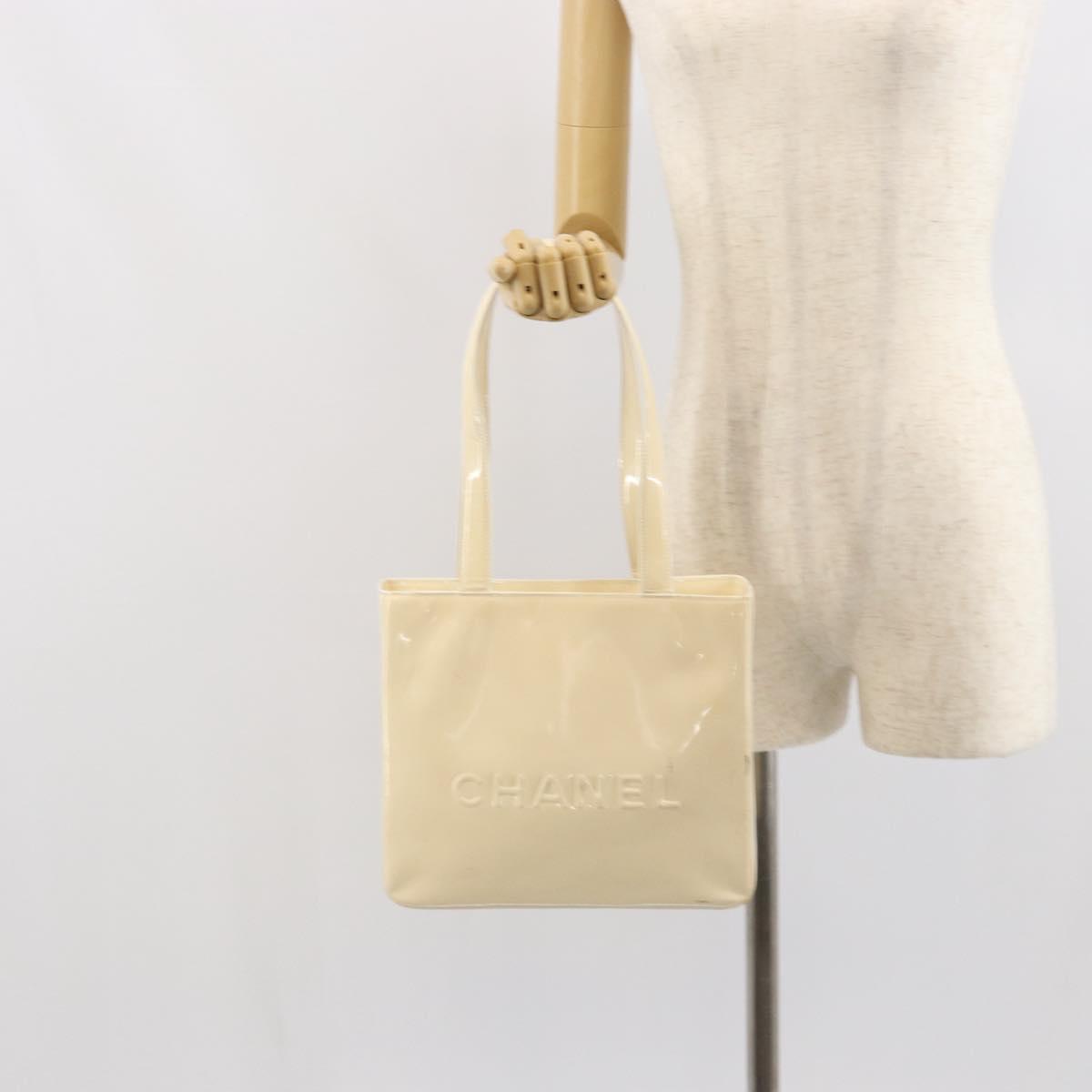 CHANEL Tote Bag Patent leather Beige Gold CC Auth bs32462