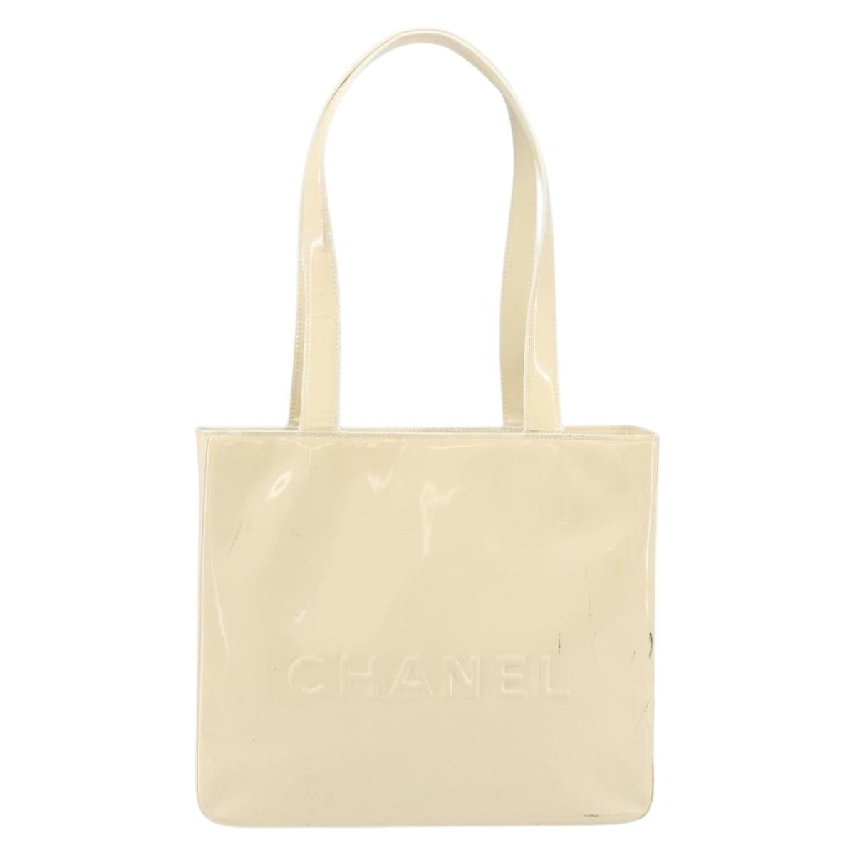 CHANEL Tote Bag Patent leather Beige Gold CC Auth bs32462