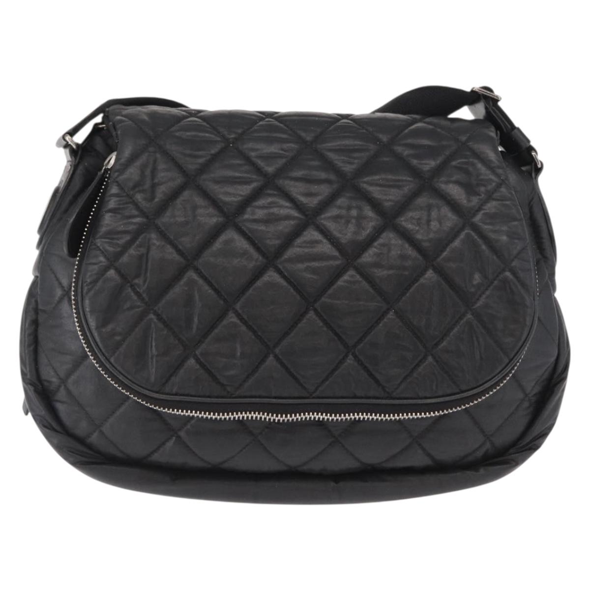 CHANEL Matelasse Shoulder Bag Nylon Black Silver CC Auth bs32463