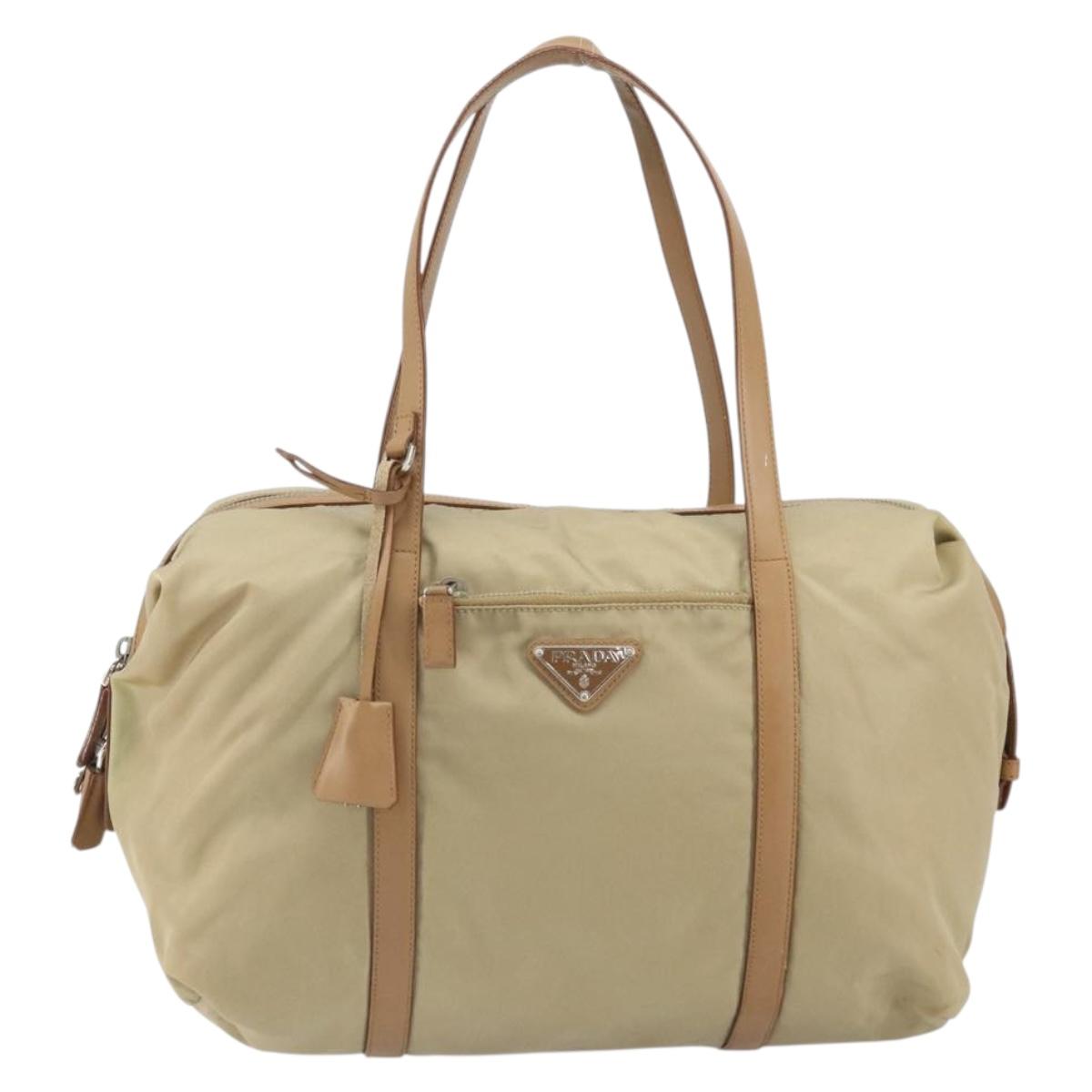PRADA Tote Bag Nylon Beige Silver Auth bs32506