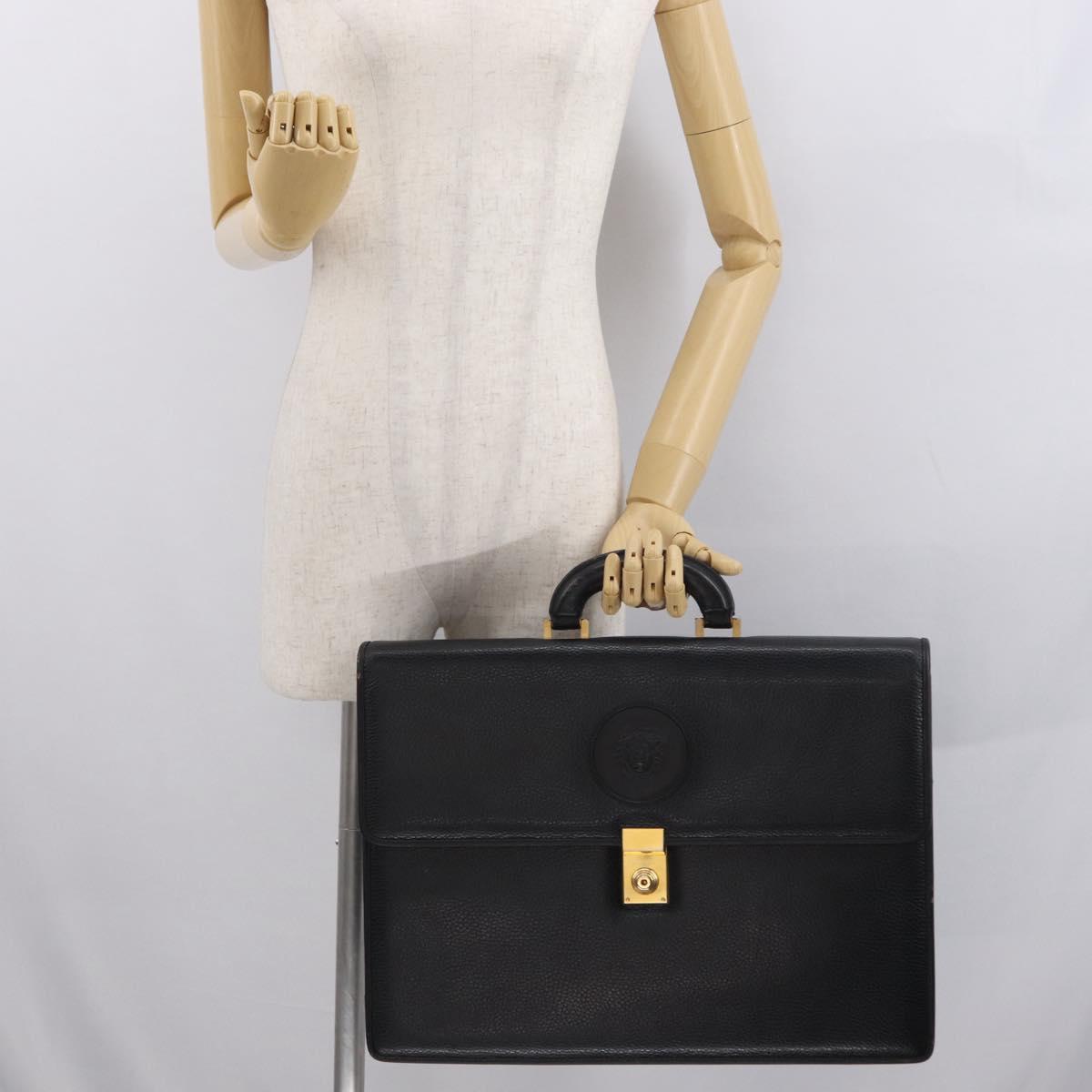 Gianni Versace Business Bag Leather Black Gold Auth bs32513