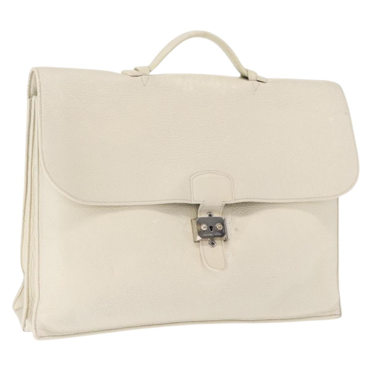 HERMES Sac Adepeche 41 Hand Bag Leather White Silver Auth bs32563