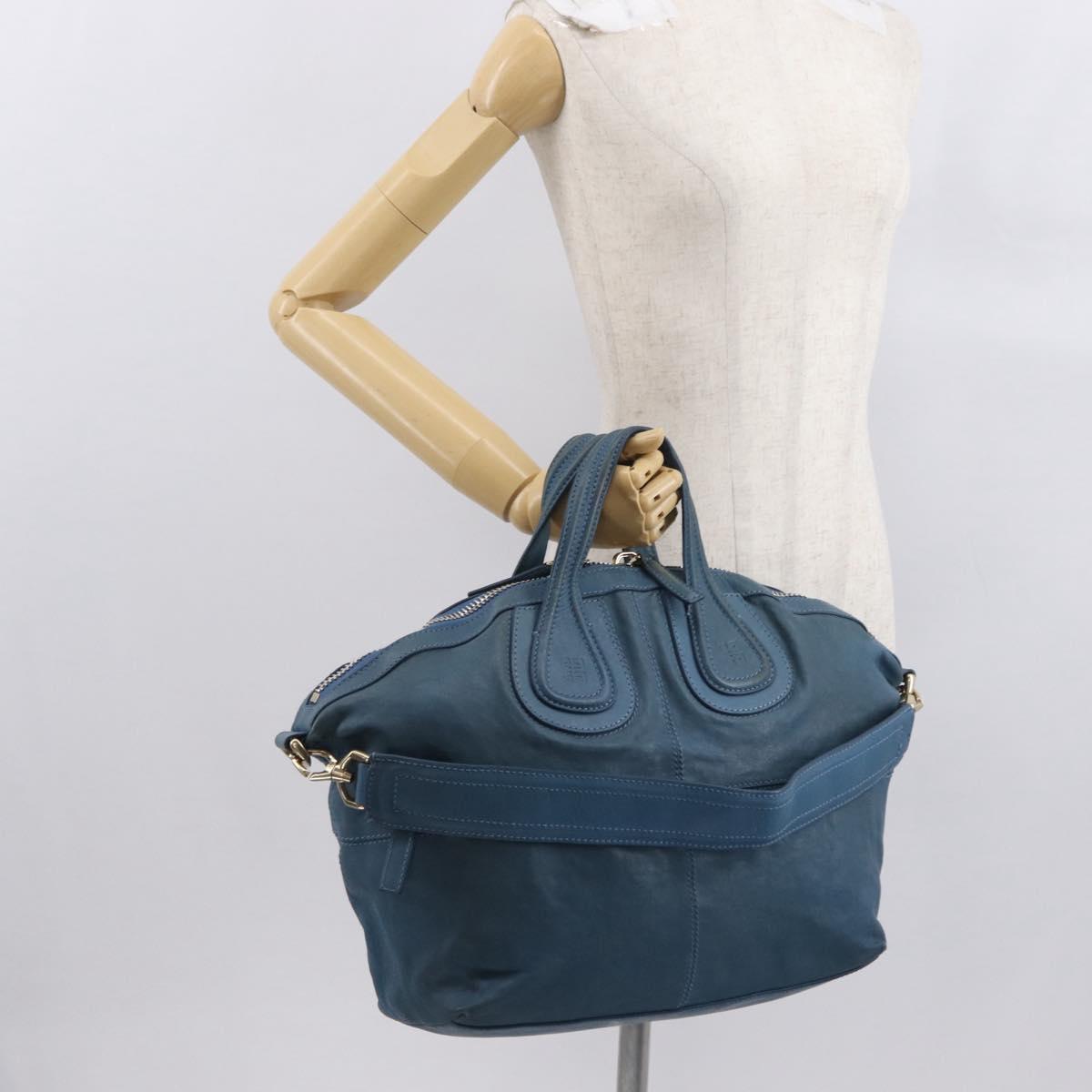 GIVENCHY Hand Bag Leather 2way Blue Silver Auth bs32565