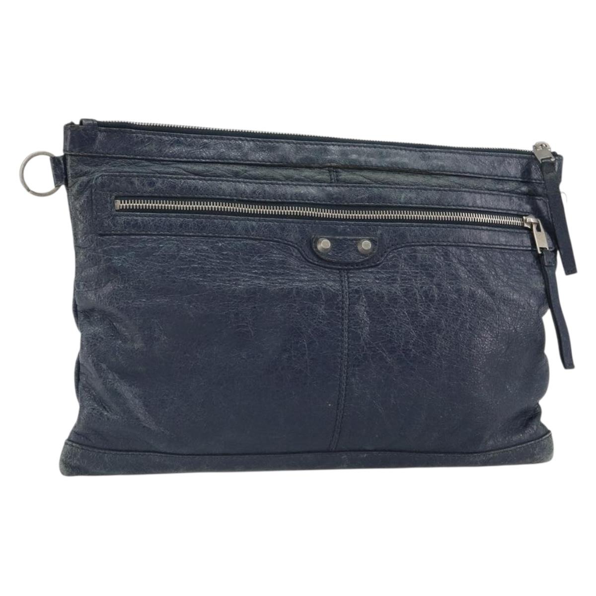 BALENCIAGA Classic Clip L Clutch Bag Leather Navy Silver 273023 Auth bs32576