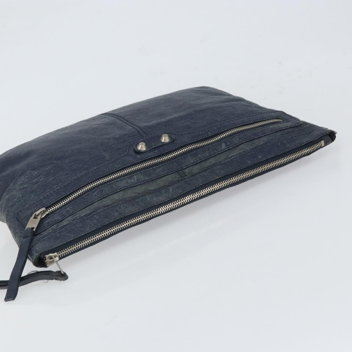 BALENCIAGA Classic Clip L Clutch Bag Leather Navy Silver 273023 Auth bs32576