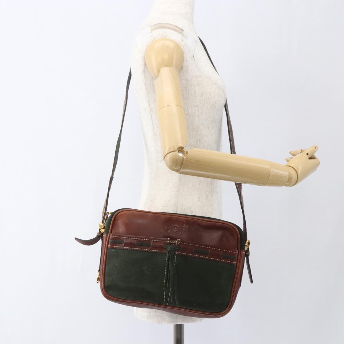 LOEWE Shoulder Bag Suede Khaki Gold Auth bs32579