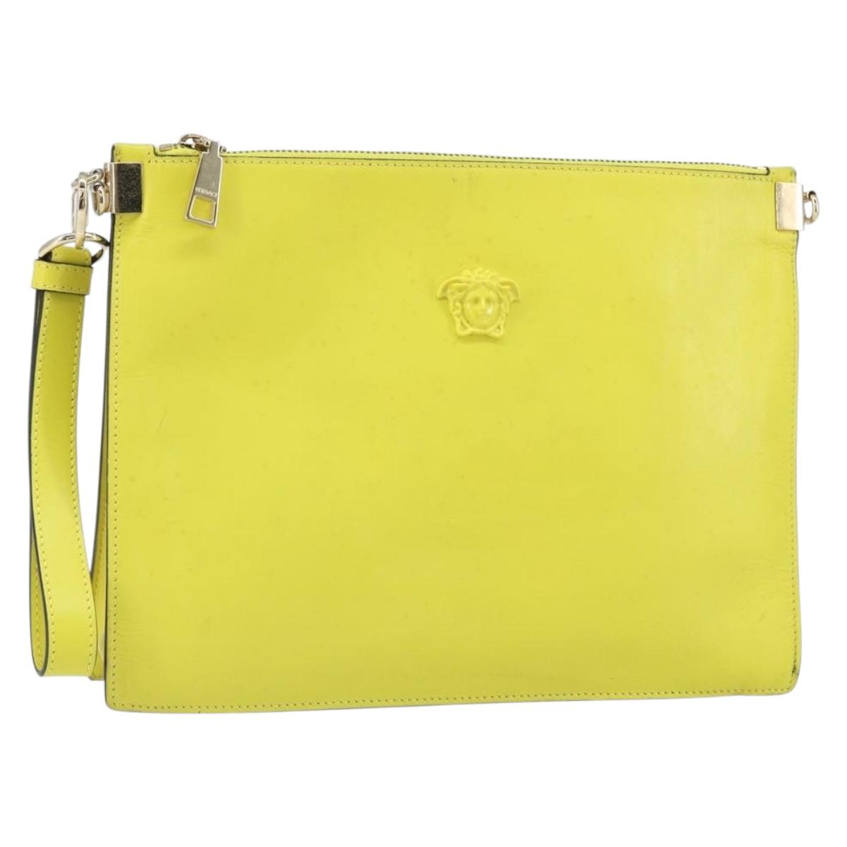 VERSACE Clutch Bag Leather Yellow Gold Auth bs32589