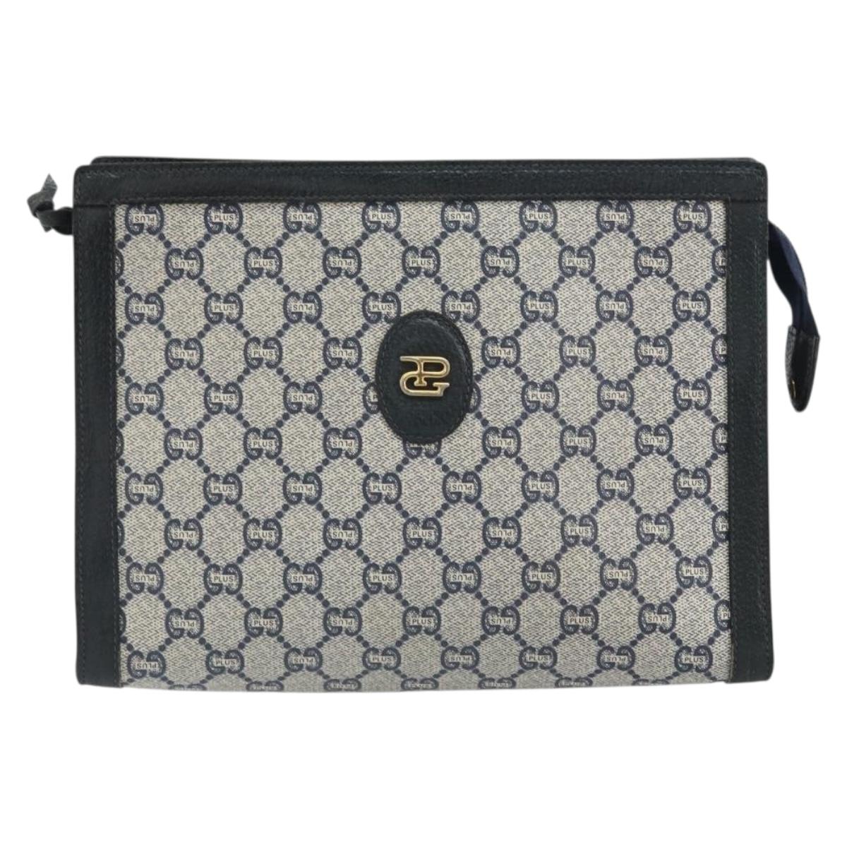 GUCCI GG Plus Supreme Clutch Bag PVC Navy Gold Auth bs32591