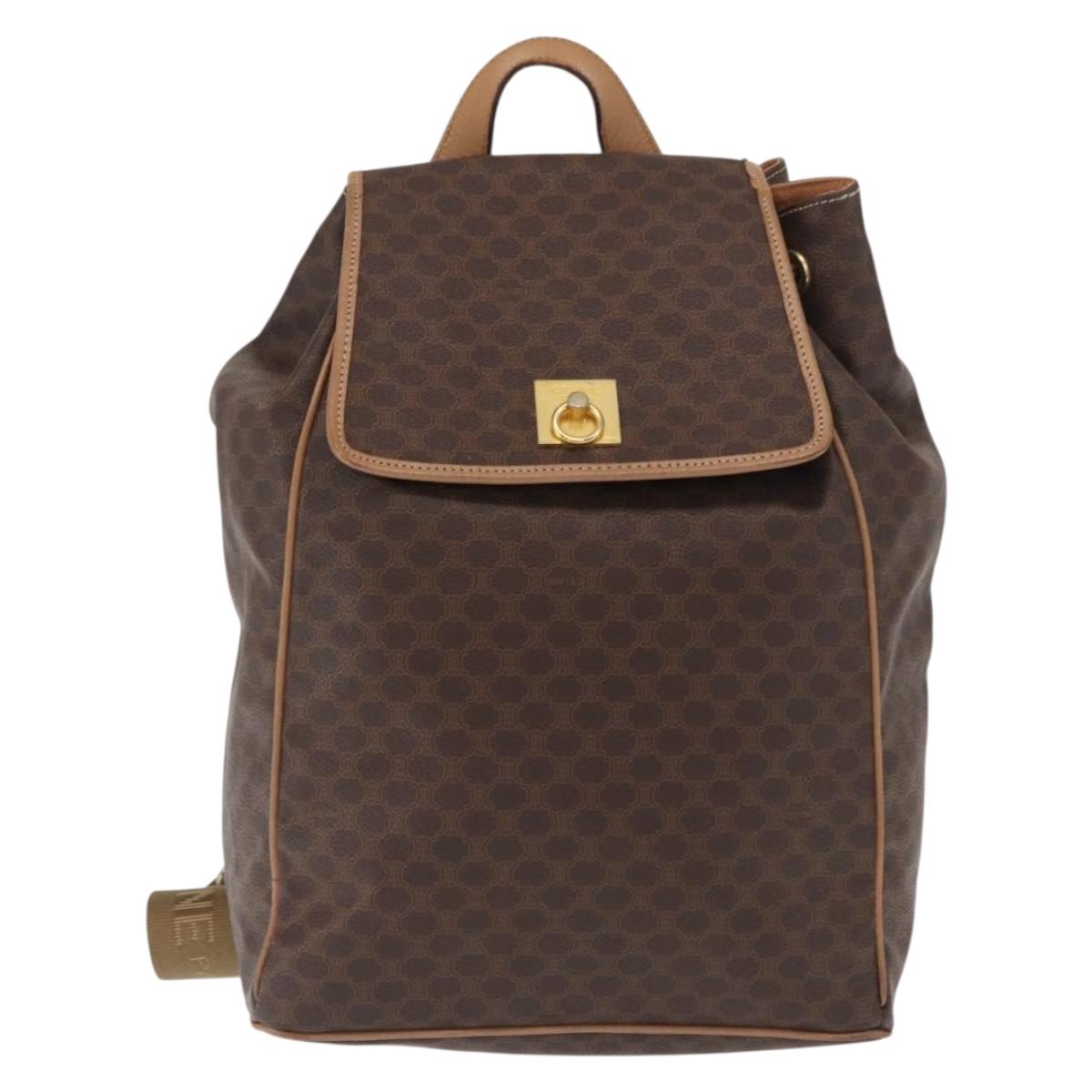 CELINE Macadam Canvas Backpack PVC Leather Brown Gold Auth bs32649