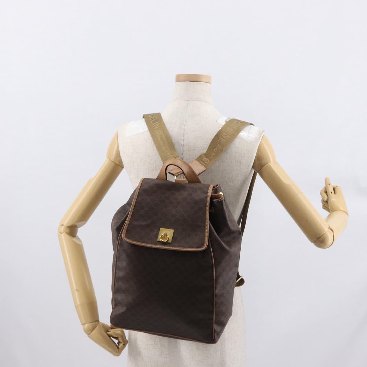 CELINE Macadam Canvas Backpack PVC Leather Brown Gold Auth bs32649