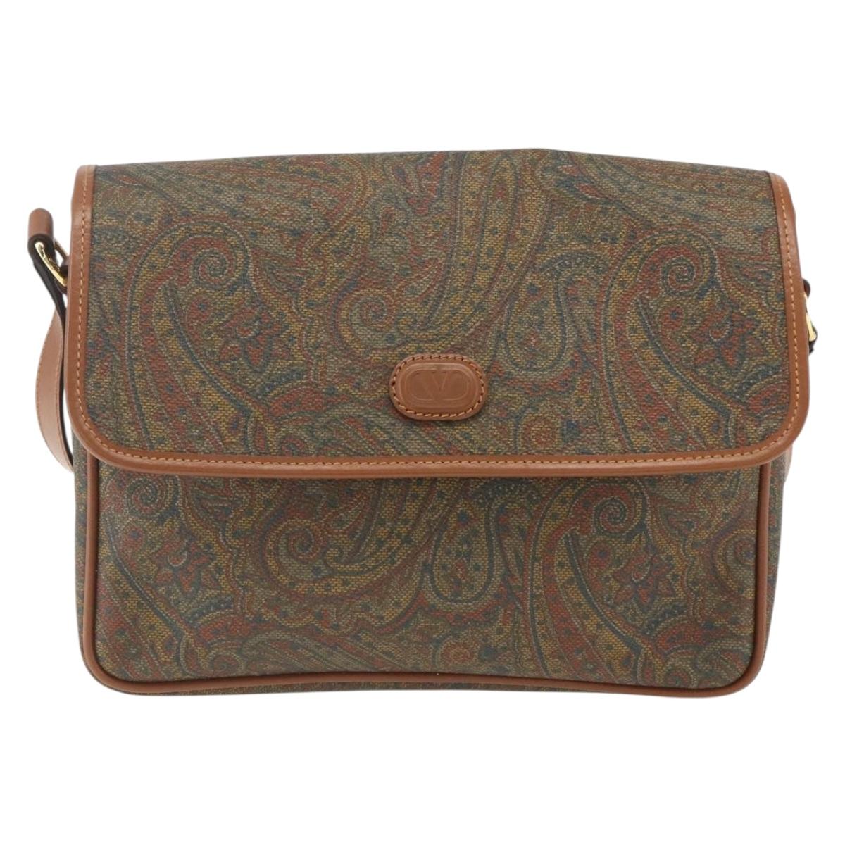 VALENTINO Shoulder Bag PVC Canvas Brown Gold Auth bs32650