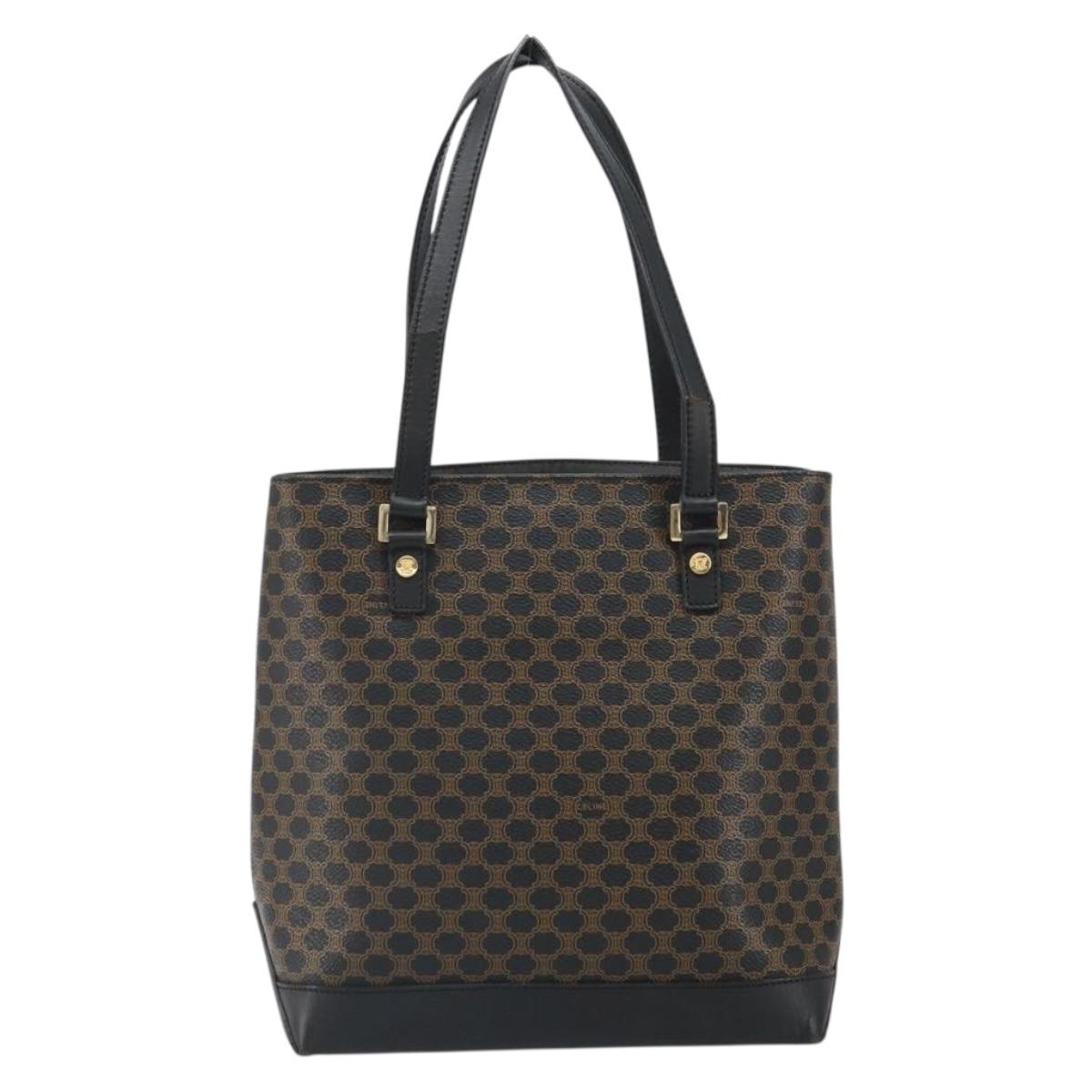 CELINE Macadam Canvas Tote Bag PVC Leather Black Gold Auth bs32663