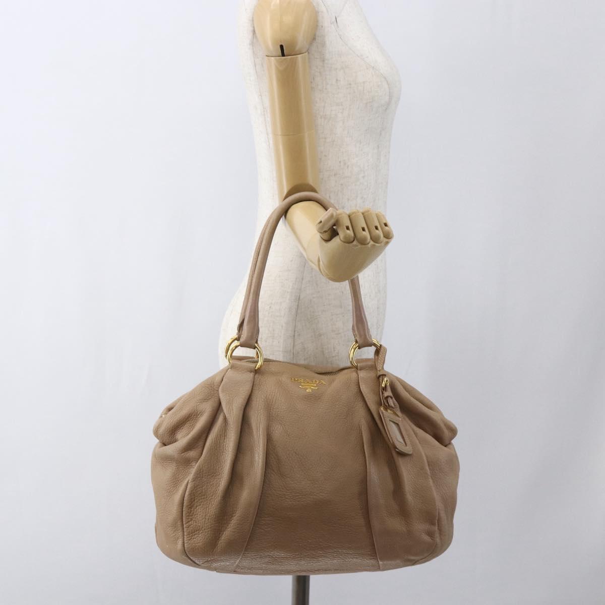 PRADA Hand Bag Leather Beige Gold Auth bs32687