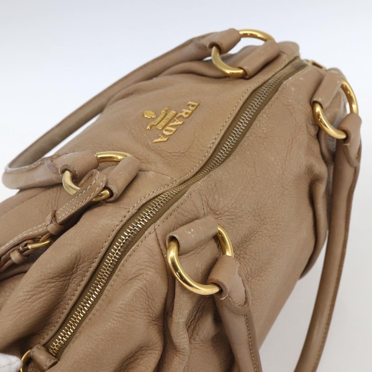 PRADA Hand Bag Leather Beige Gold Auth bs32687