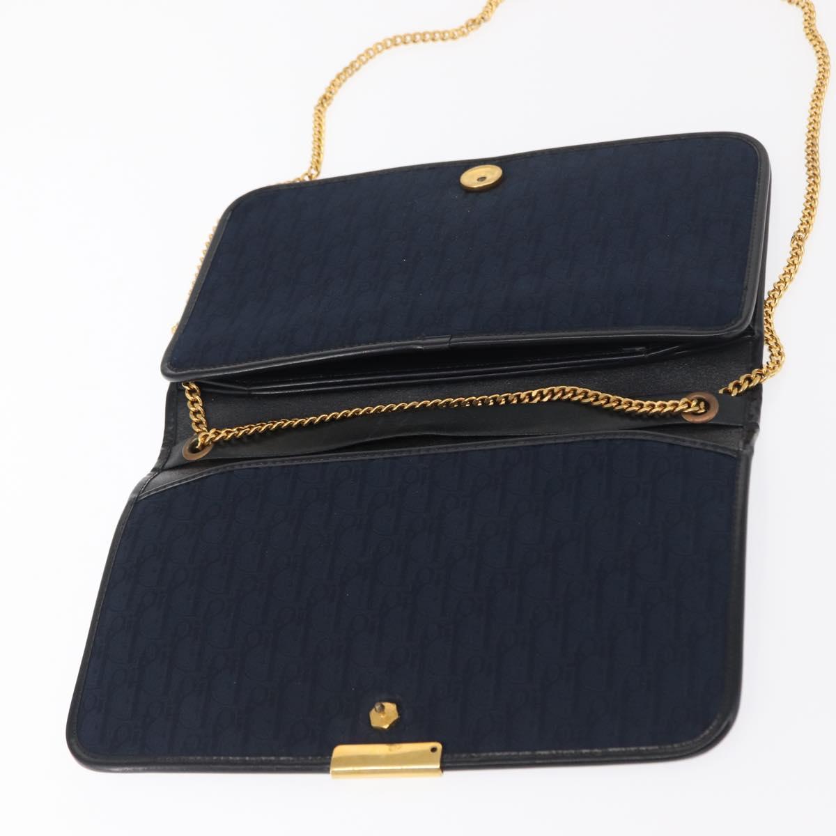 Christian Dior Chain Trotter Canvas Shoulder Bag Navy Gold Auth bs32699