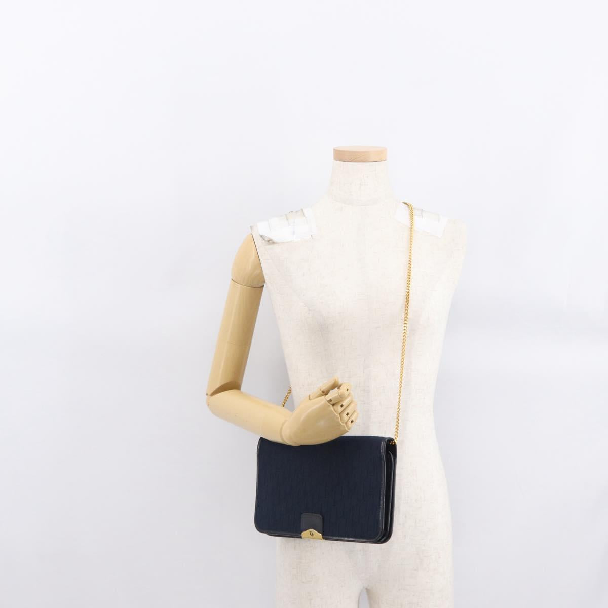 Christian Dior Chain Trotter Canvas Shoulder Bag Navy Gold Auth bs32699