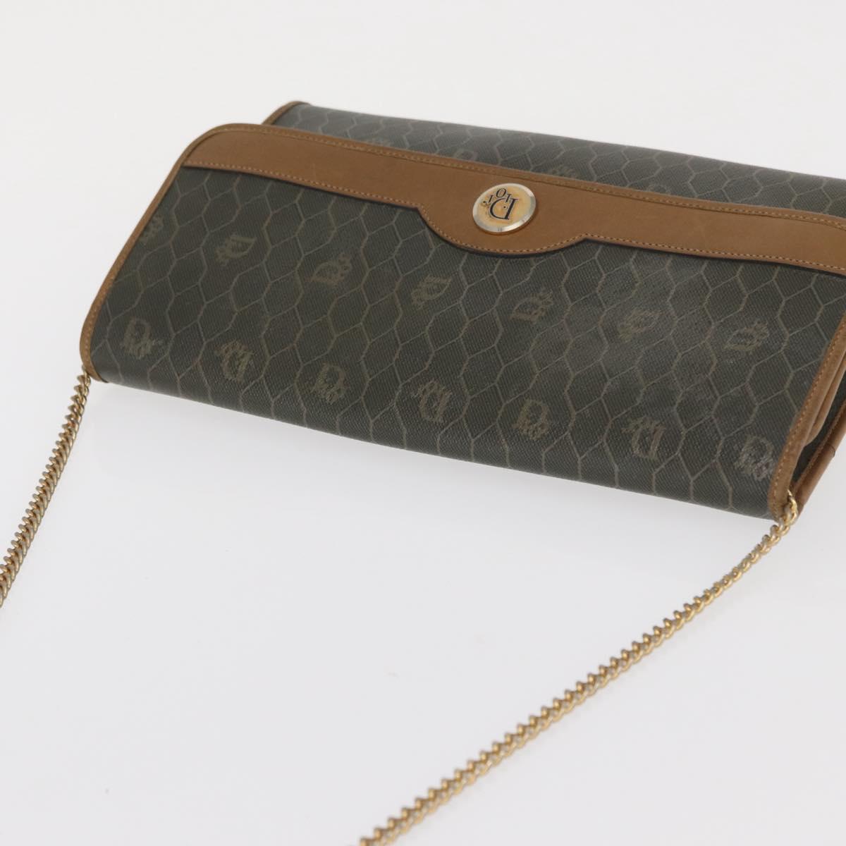 Christian Dior Honeycomb Canvas Chain Bag PVC Black Brown gold Auth bs32702