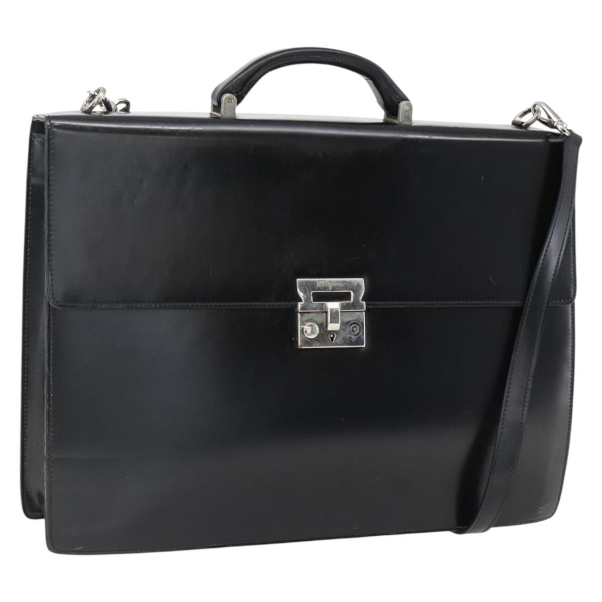 Salvatore Ferragamo Business Bag Leather Black Silver Auth bs32765