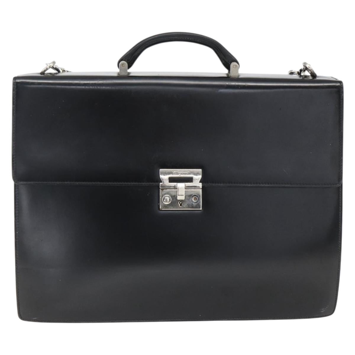 Salvatore Ferragamo Business Bag Leather Black Silver Auth bs32765