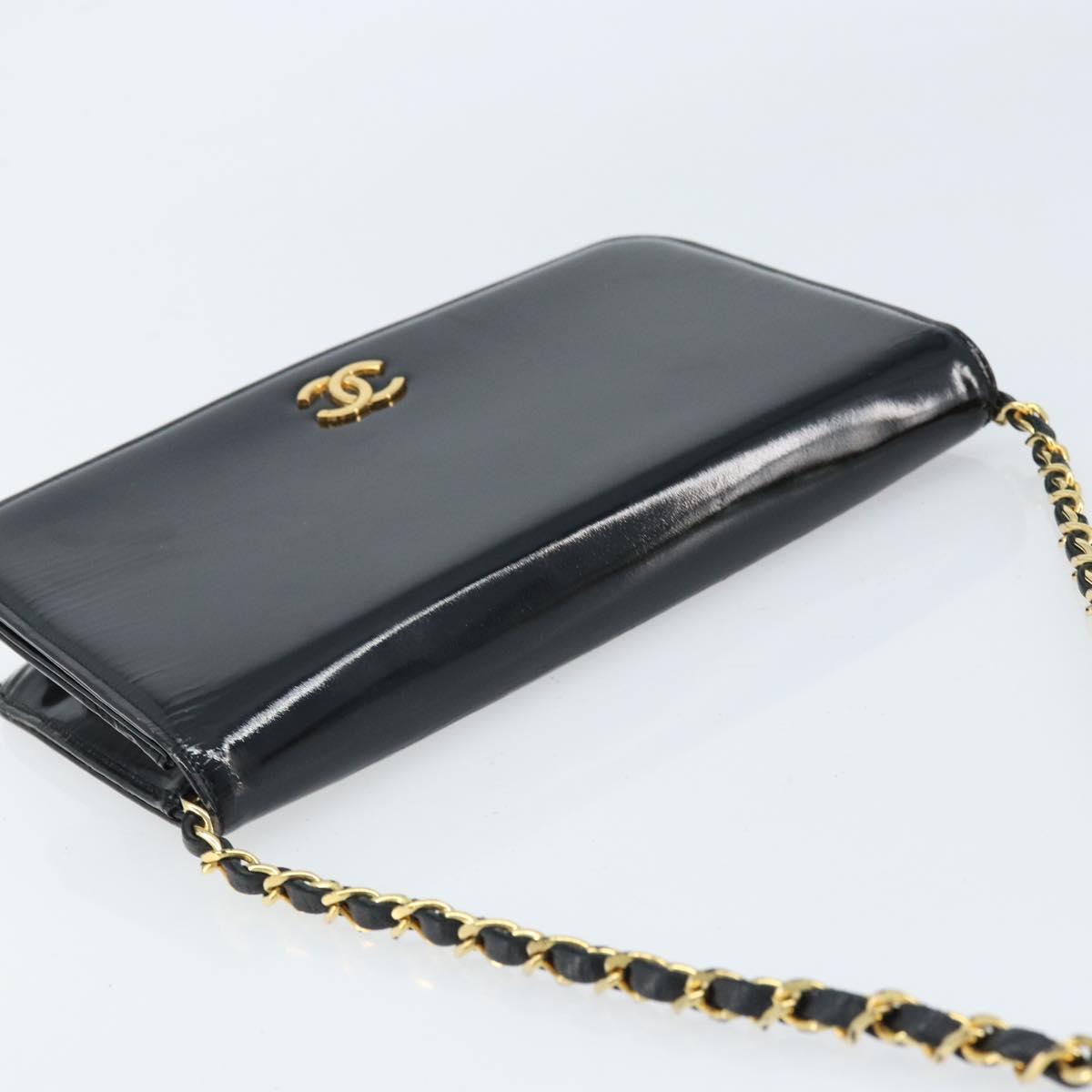 CHANEL Chain Shoulder Bag Patent leather Black Gold CC Auth bs32777