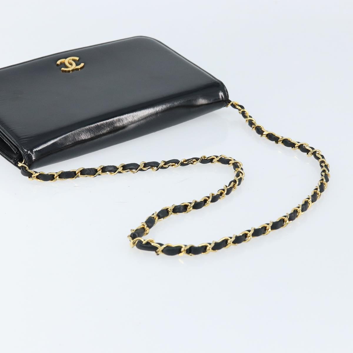 CHANEL Chain Shoulder Bag Patent leather Black Gold CC Auth bs32777
