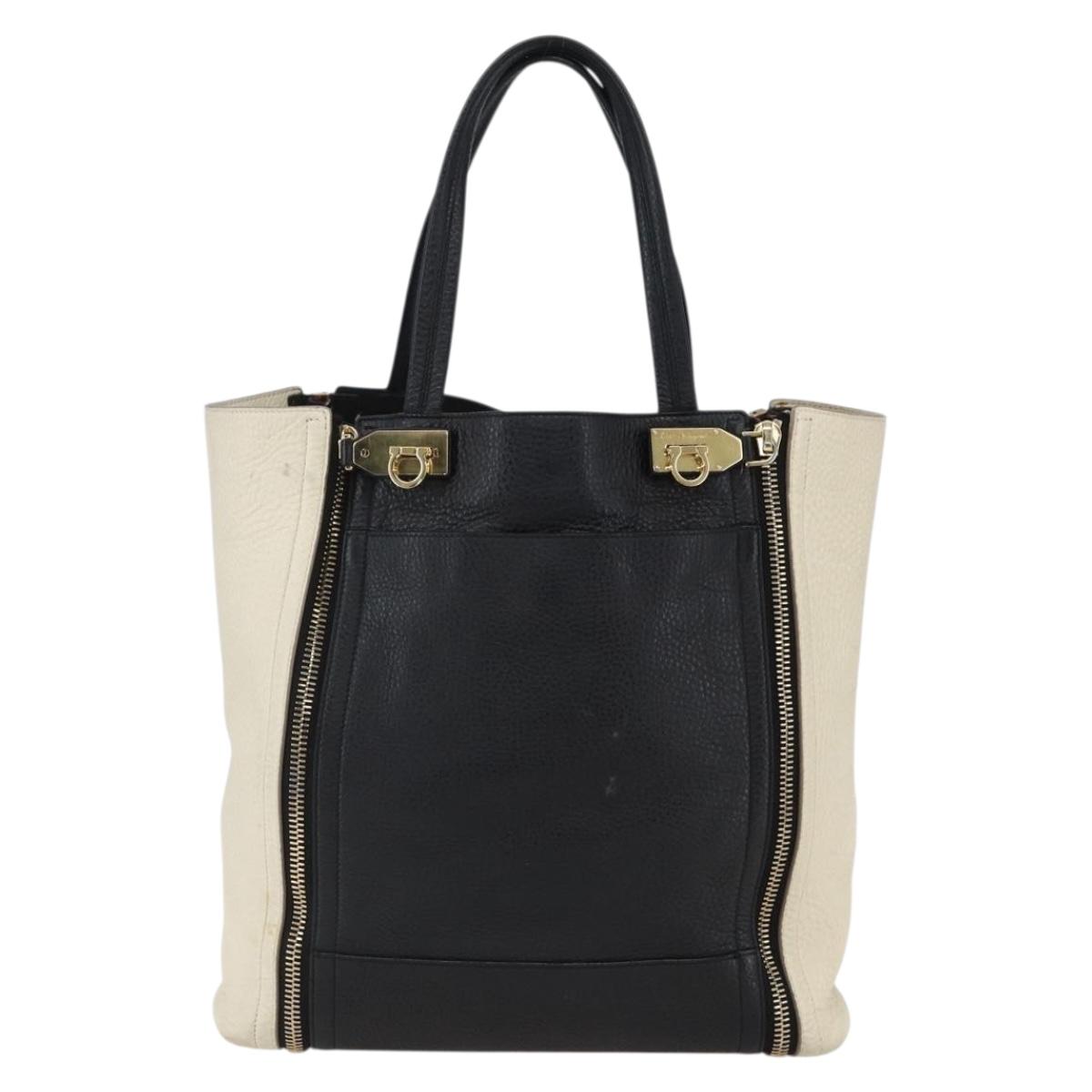 Salvatore Ferragamo Tote Bag Leather White Black Auth bs32829