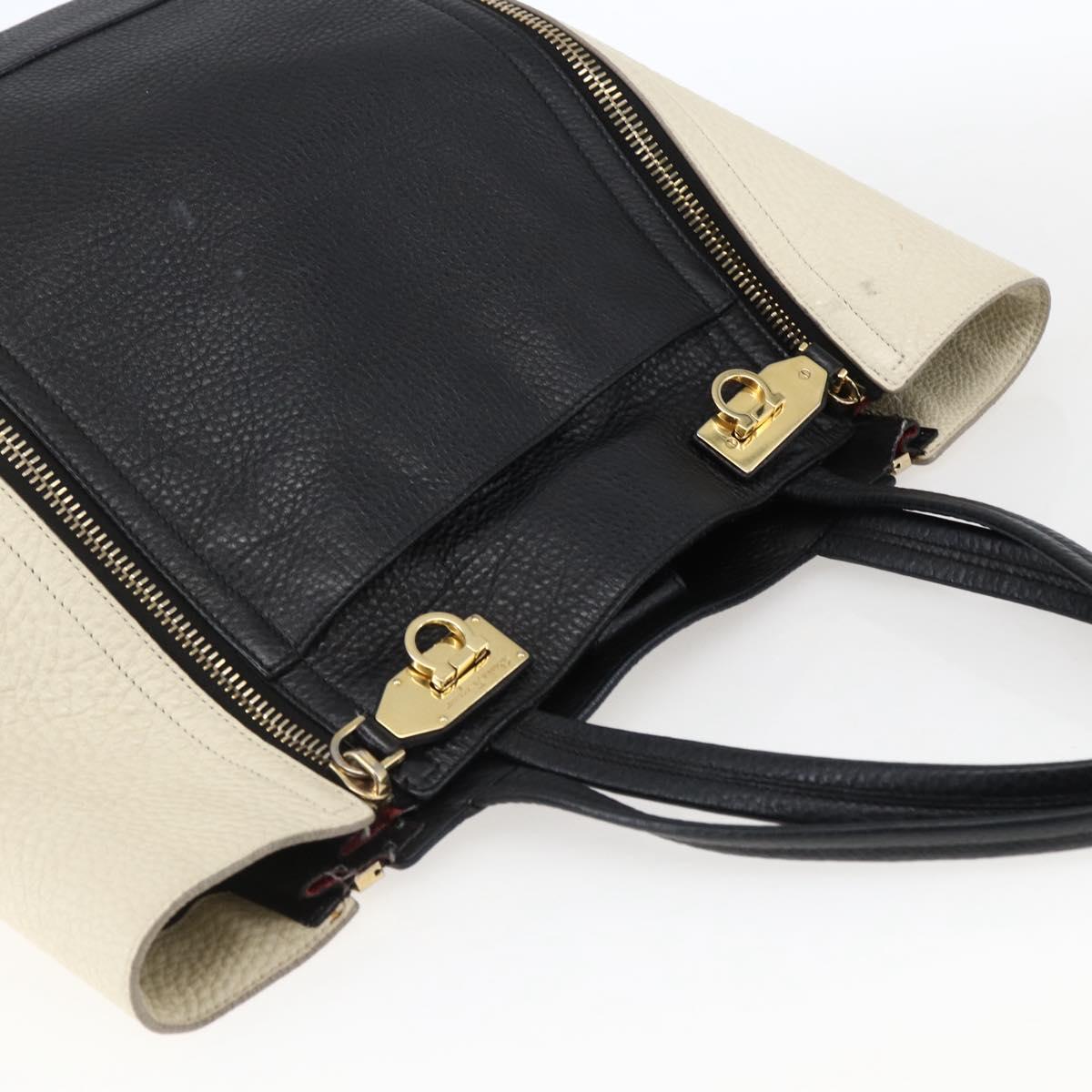 Salvatore Ferragamo Tote Bag Leather White Black Auth bs32829