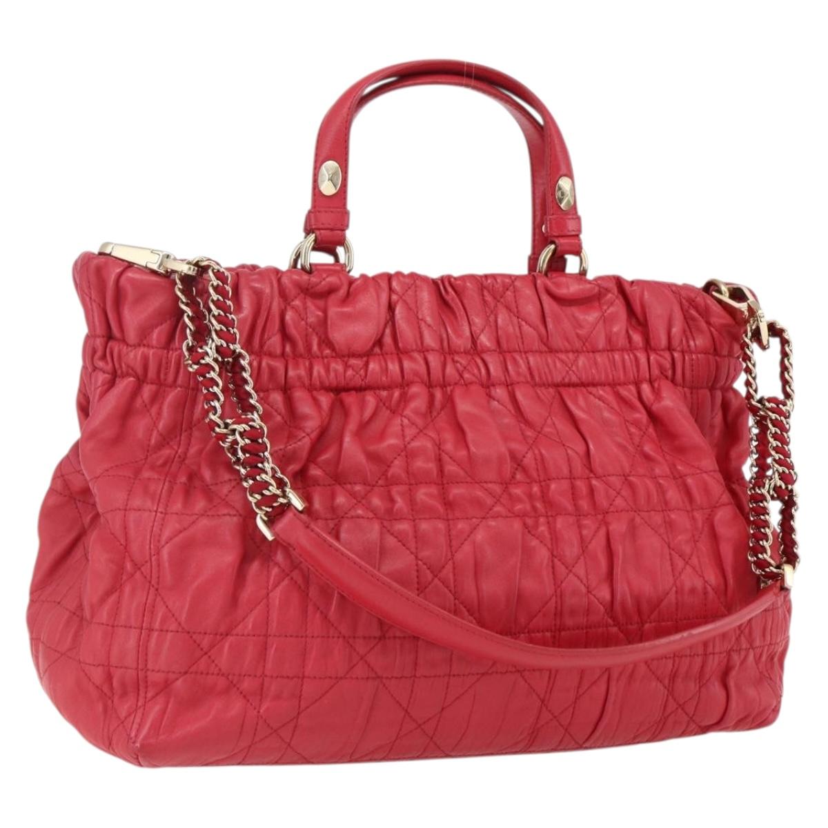 Christian Dior Hand Bag Leather 2way Red Gold Auth bs32842