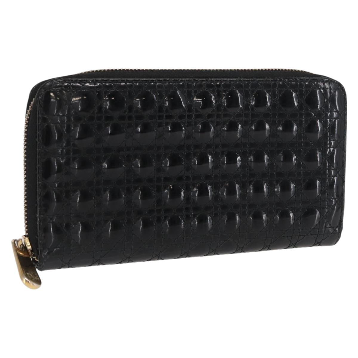 Christian Dior Canage Long Wallet Patent leather Black Gold Auth bs32844