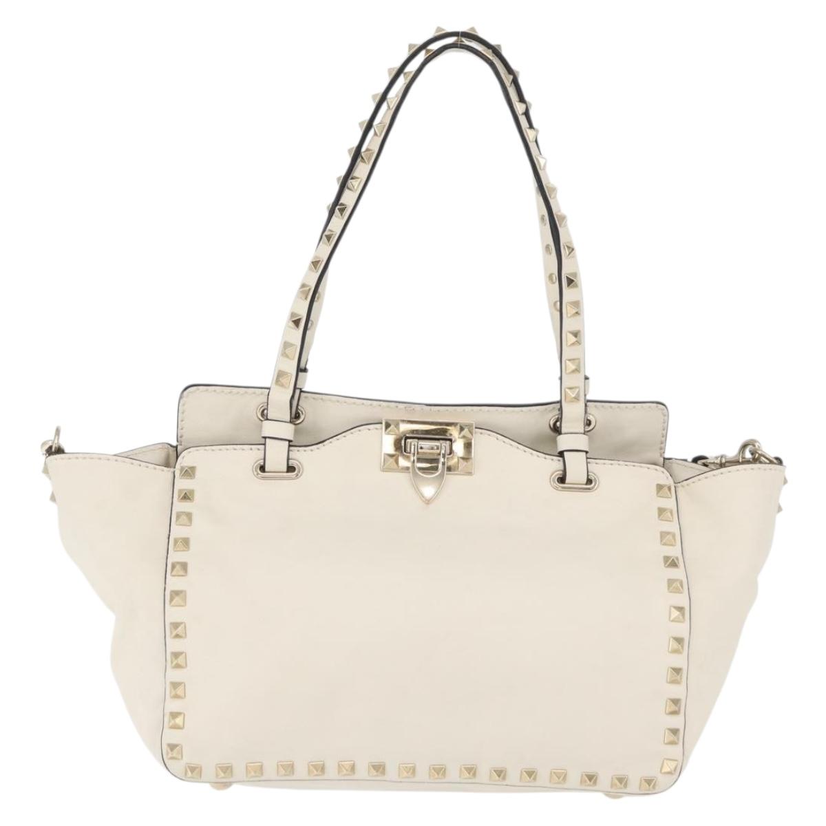 VALENTINO Hand Bag Leather 2way White Gold Auth bs32858