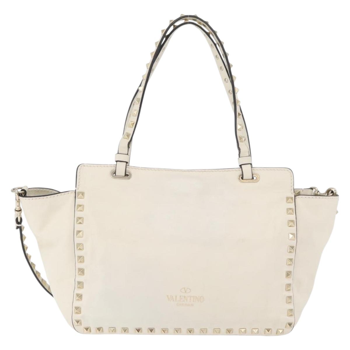 VALENTINO Hand Bag Leather 2way White Gold Auth bs32858