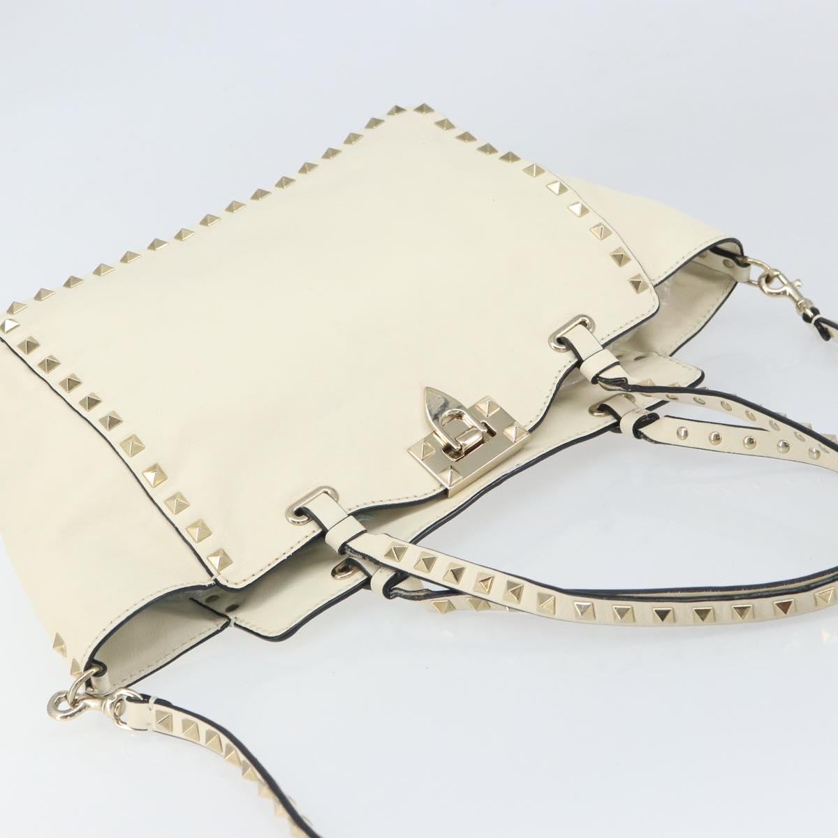 VALENTINO Hand Bag Leather 2way White Gold Auth bs32858