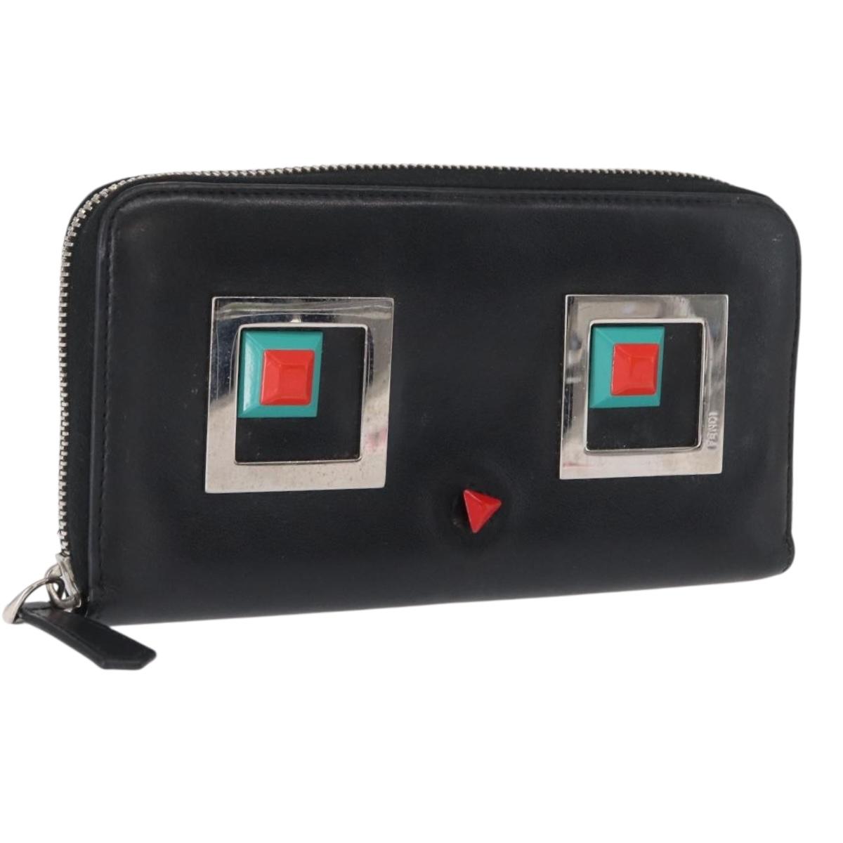 FENDI Long Wallet Leather Black Silver Auth bs32869